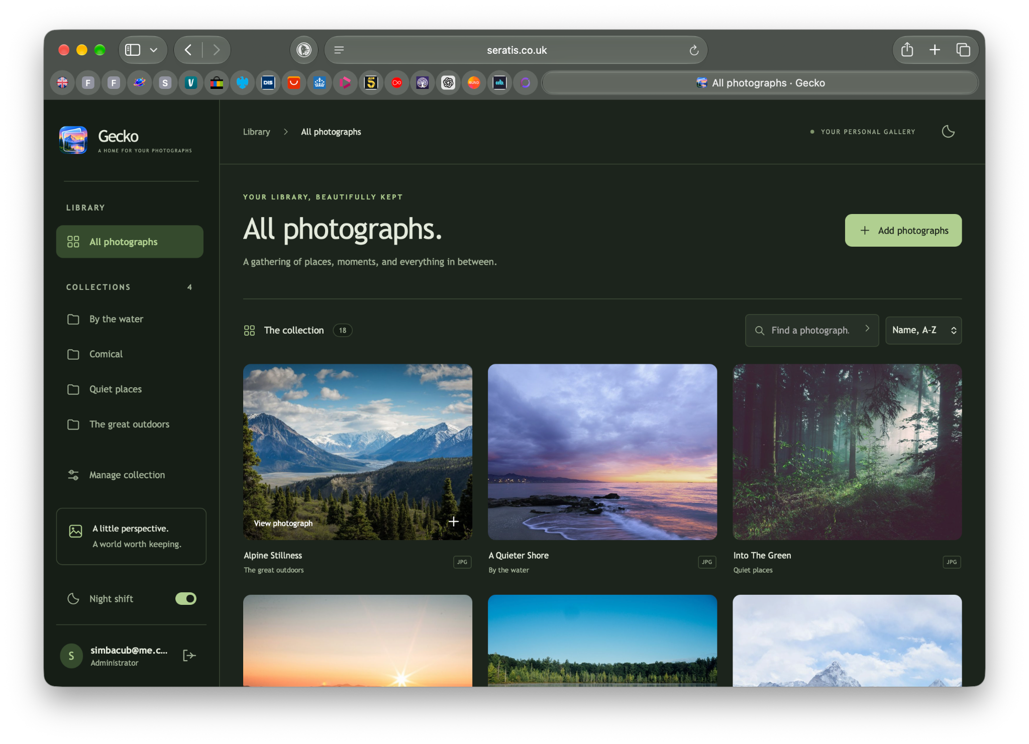 Gecko personal photo gallery in dark mode showing a collection of landscape photographs
