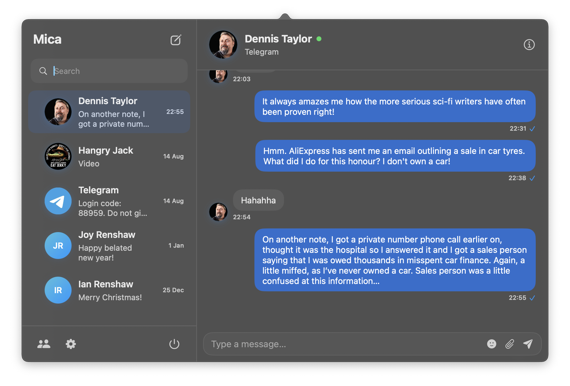Mica Telegram client in dark mode