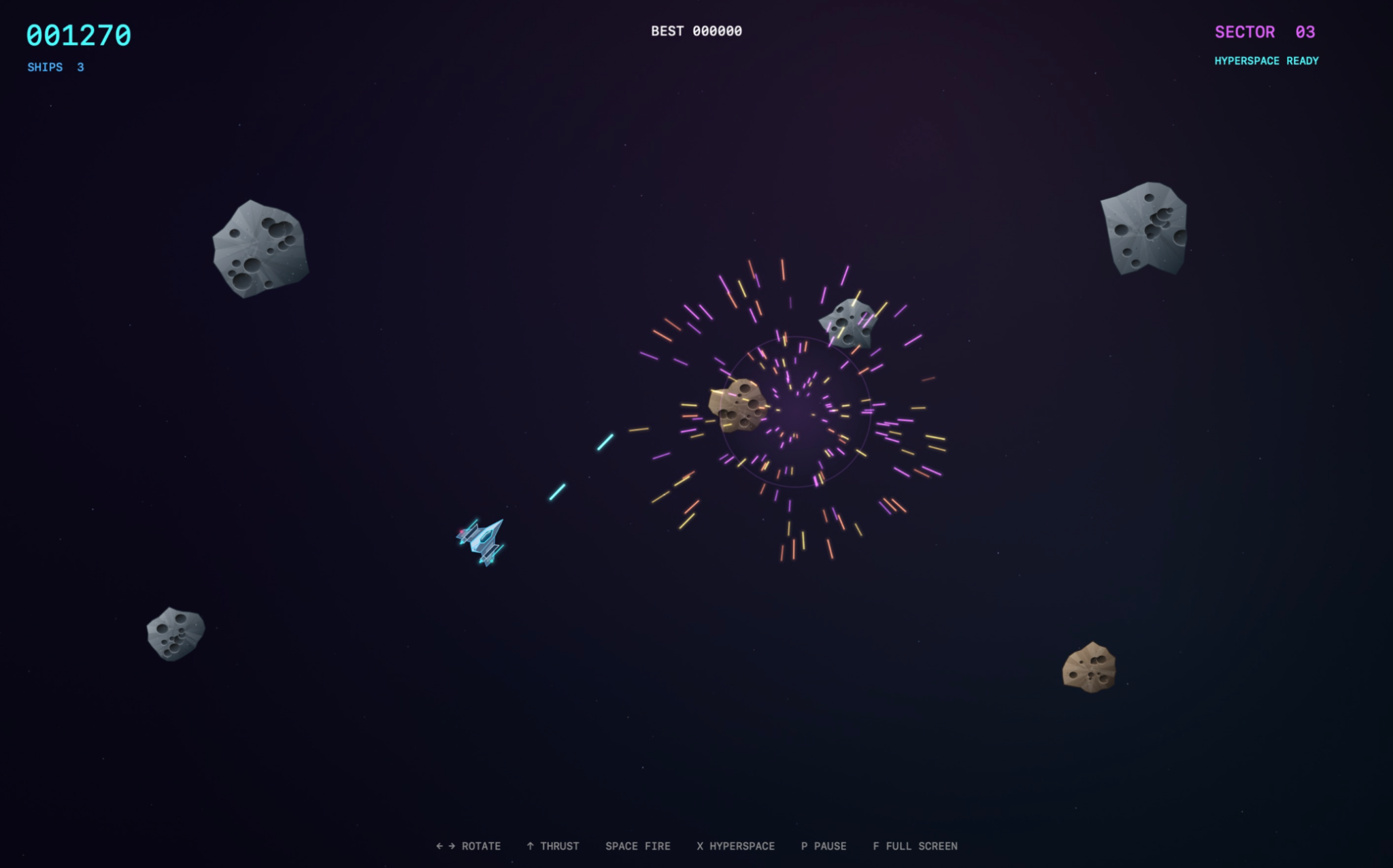 Vectra gameplay with a spacecraft firing at asteroids and colourful explosions